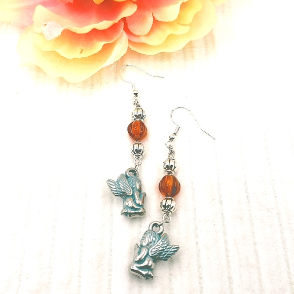 Amber & Patina Angel 3pc Jewelry Set w/Sterling Silver, Glass, Acrylic Beads - Picture 5 of 10